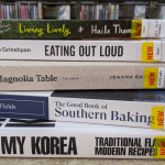 Pile of Cookbooks: Living Lively, Eating Out Loud, Magnolia Table, The Good Book of Southern Baking, My Korea